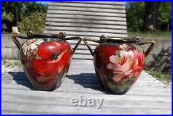 2 vases à anses en grès céramique peints anciens art déco signés DE BEL