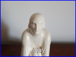 ANCIENNE SCULPTURE Art Déco en Céramique Craquelée Jeune Femme avec Chien