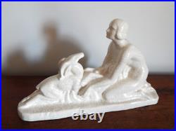 ANCIENNE SCULPTURE Art Déco en Céramique Craquelée Jeune Femme avec Chien