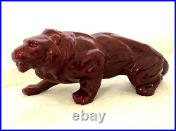 ANCIENNE STATUE ANIMALIERE LION EN FAIENCE CERAMIQUE ART DECO vintage an 40