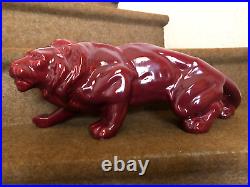 ANCIENNE STATUE ANIMALIERE LION EN FAIENCE CERAMIQUE ART DECO vintage an 40