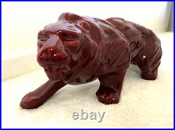 ANCIENNE STATUE ANIMALIERE LION EN FAIENCE CERAMIQUE ART DECO vintage an 40