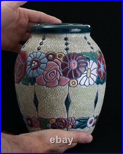 Amphora Vase en Céramique Emaillée Art Déco Fleurs Stylisées vers 1930