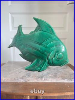 Ancien Grand Poisson Céramique Vert LEJAN Art Déco 40 cm Ancien Grand Poisson Céramique Vert LEJAN Art Déco 40 cm