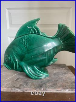 Ancien Grand Poisson Céramique Vert LEJAN Art Déco 40 cm Ancien Grand Poisson Céramique Vert LEJAN Art Déco 40 cm