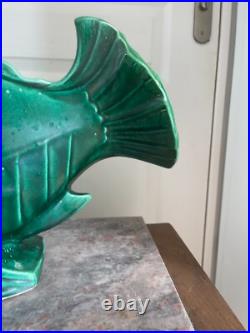 Ancien Grand Poisson Céramique Vert LEJAN Art Déco 40 cm Ancien Grand Poisson Céramique Vert LEJAN Art Déco 40 cm