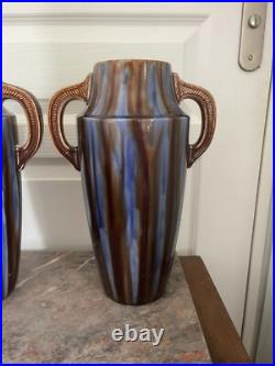 Ancien Paire Vase Céramique Emaillée Amphore Art Déco VIERZON Louis Gueule
