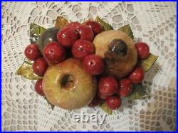 Ancien Panier Laiton avec Fruits en Barbotine Céramique Trompe-Oil, Art déco
