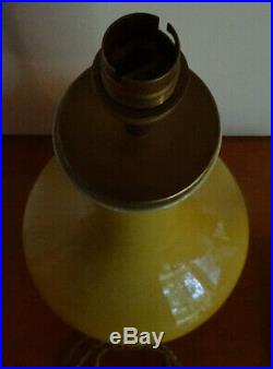 Ancien Pied De Lampe Ceramique Jaune Sur Socle En Bois Chine 1930 Deck