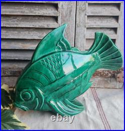 Ancien Poisson Ceramique Lejan Vert Art Deco