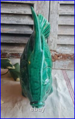 Ancien Poisson Ceramique Lejan Vert Art Deco