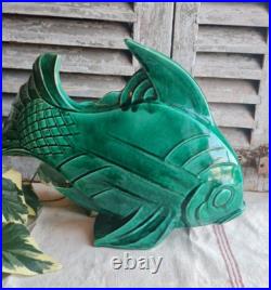 Ancien Poisson Ceramique Lejan Vert Art Deco