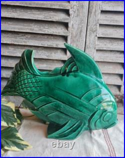 Ancien Poisson Ceramique Lejan Vert Art Deco