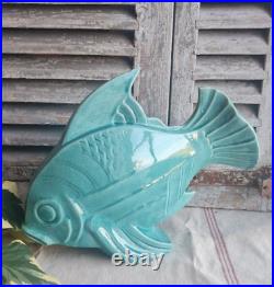 Ancien Poisson Ceramique Lejan Vert D'eau Art Deco