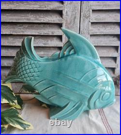 Ancien Poisson Ceramique Lejan Vert D'eau Art Deco