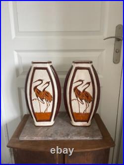 Ancien Vase Céramique Craquelé Méplat Art Déco Echassier KERALOUVE LA LOUVIERE Ancien Vase Céramique Craquelé Méplat Art Déco Echassier KERALOUVE LA LOUVIERE