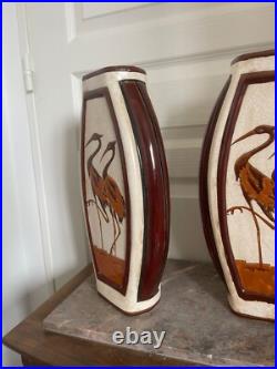 Ancien Vase Céramique Craquelé Méplat Art Déco Echassier KERALOUVE LA LOUVIERE Ancien Vase Céramique Craquelé Méplat Art Déco Echassier KERALOUVE LA LOUVIERE