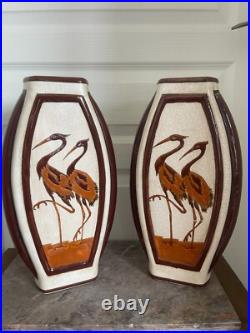 Ancien Vase Céramique Craquelé Méplat Art Déco Echassier KERALOUVE LA LOUVIERE Ancien Vase Céramique Craquelé Méplat Art Déco Echassier KERALOUVE LA LOUVIERE