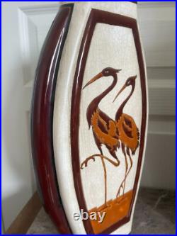 Ancien Vase Céramique Craquelé Méplat Art Déco Echassier KERALOUVE LA LOUVIERE Ancien Vase Céramique Craquelé Méplat Art Déco Echassier KERALOUVE LA LOUVIERE