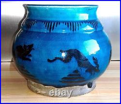 Ancien Vase En Ceramique Vernissée À Décor D'animaux Époque Art Déco