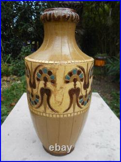 Ancien grand vase en céramiques Art Nouveau Déco signé De Lamazière h. 41,3 cm