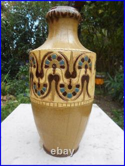 Ancien grand vase en céramiques Art Nouveau Déco signé De Lamazière h. 41,3 cm