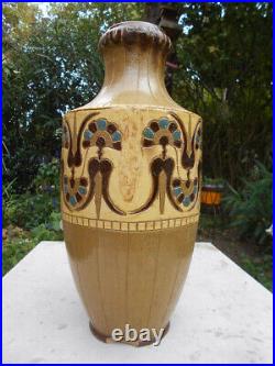 Ancien grand vase en céramiques Art Nouveau Déco signé De Lamazière h. 41,3 cm