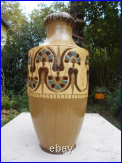 Ancien grand vase en céramiques Art Nouveau Déco signé De Lamazière h. 41,3 cm
