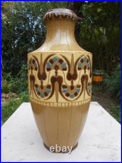Ancien grand vase en céramiques Art Nouveau Déco signé De Lamazière h. 41,3 cm