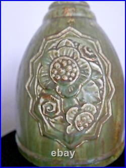 Ancien vase ART DECO céramique frères Mougin Nancy vert 27 cm signé M