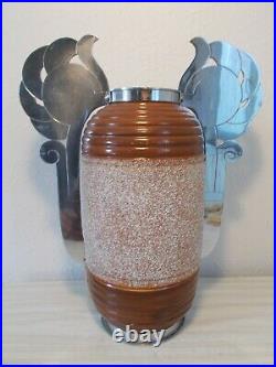 Ancien vase art deco en ceramique gres 45cm 1930 1950 monture en metal argenté
