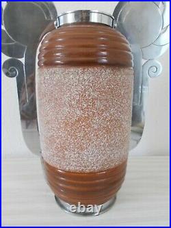 Ancien vase art deco en ceramique gres 45cm 1930 1950 monture en metal argenté