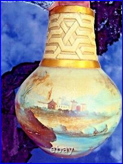 Ancien vase céramique art-déco décor de paysage signature à identifier