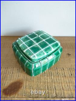 Ancienne Boîte en Céramique LONGCHAMP France 1662 Carré Vert Rayures Art Déco