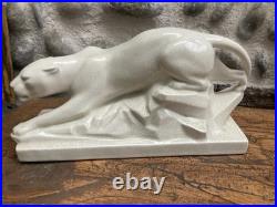 Ancienne PANTHÈRE céramique craquelée art déco signée E. SIEGL animal panther