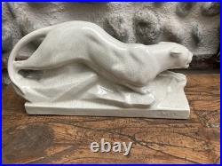 Ancienne PANTHÈRE céramique craquelée art déco signée E. SIEGL animal panther