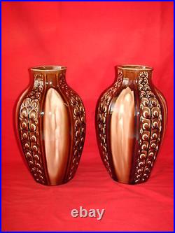 Ancienne Paire De Vases Art Deco Ceramique Fives Lille G. De Brun / Faience