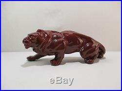 Ancienne Statue Animaliere Lion En Faience Ceramique Art Deco