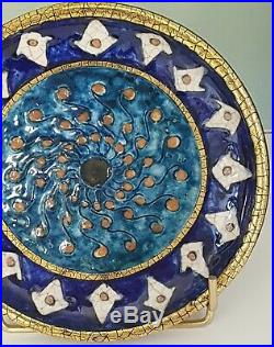 Andre Metthey Assiette Ceramique Emaux Bleus Et Dorure Craquelee Art Deco