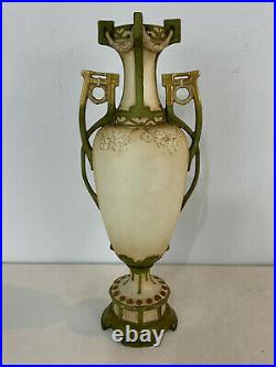 Antique Art Nouveau Royal Dux Autrichien Pottery Vase Avec / Femme Visage Déco