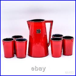 Art Déco Gollico Fayence Österr. Céramique Noble Carafe Avec 6 Tasses Rouge