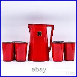 Art Déco Gollico Fayence Österr. Céramique Noble Carafe Avec 6 Tasses Rouge