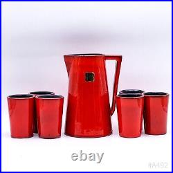 Art Déco Gollico Fayence Österr. Céramique Noble Carafe Avec 6 Tasses Rouge