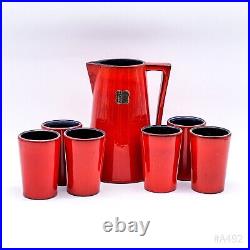 Art Déco Gollico Fayence Österr. Céramique Noble Carafe Avec 6 Tasses Rouge