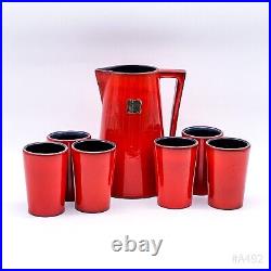 Art Déco Gollico Fayence Österr. Céramique Noble Carafe Avec 6 Tasses Rouge