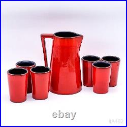 Art Déco Gollico Fayence Österr. Céramique Noble Carafe Avec 6 Tasses Rouge