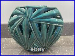 Art Deco Superbe Vase Céramique Vernissée Vert Turquoise Decor Palmes Vers 1930