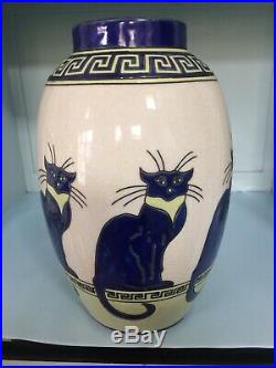 Art-déco Vase Important En Céramique Craquelé Décoré Main, estampillé