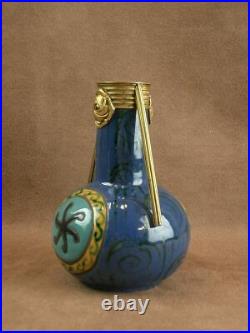 Beau Vase Art Deco En Ceramique De Vallauris Monture Bronze Signé Jean Leclerc