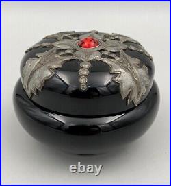 Bonbonniere Art Deco 1930 Verre Noir Cabochon Ceramique Feuillage Etain M998